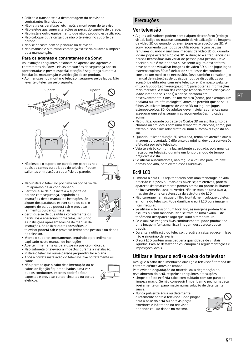 Precauções, Pt 5, Ver televisão | Ecrã lcd, Utilizar e limpar o ecrã/a caixa do televisor | Sony KDL-50W805B User Manual | Page 93 / 376
