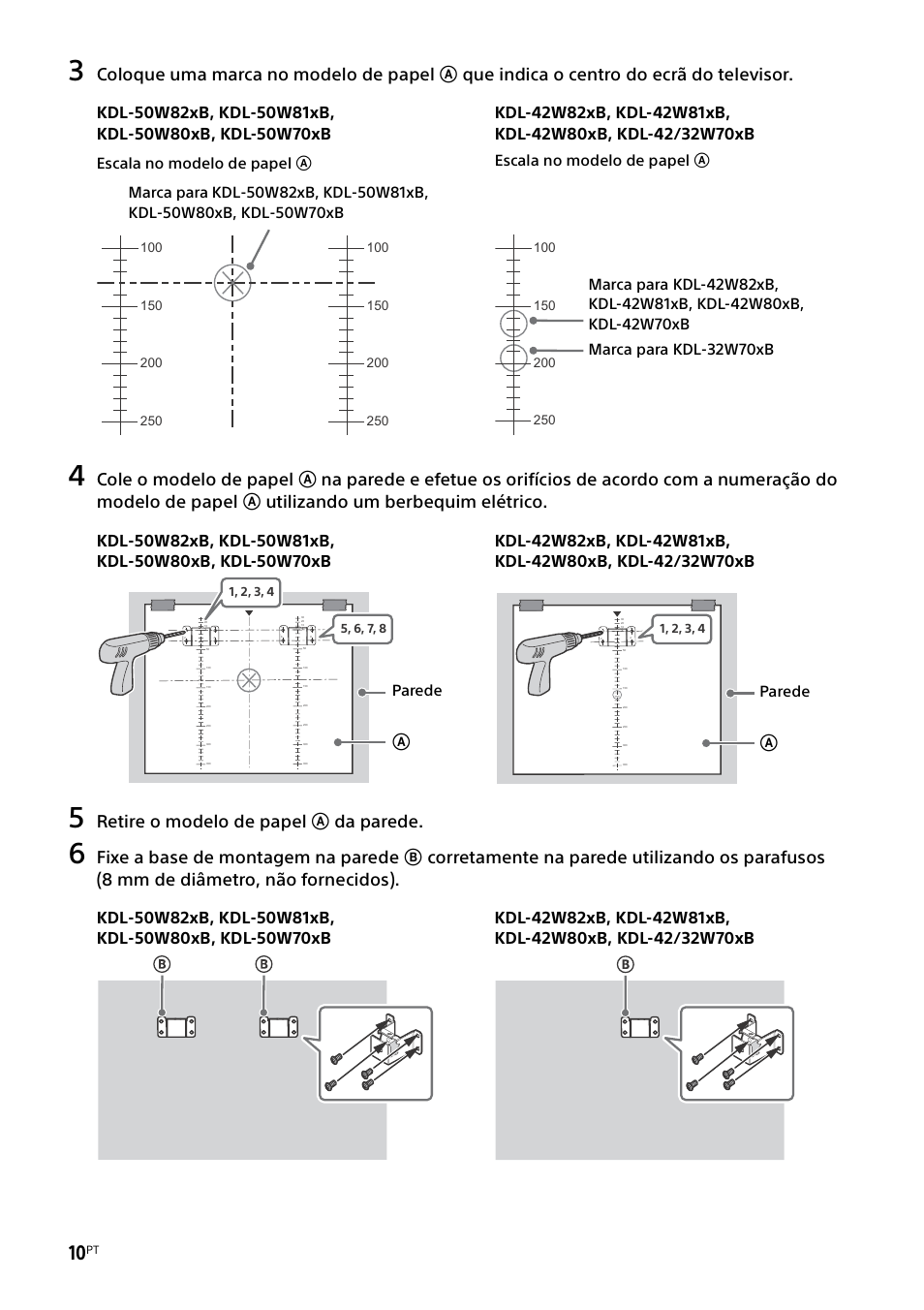 Retire o modelo de papel a da parede, Escala no modelo de papel a, Parede | Sony KDL-50W805B User Manual | Page 98 / 376