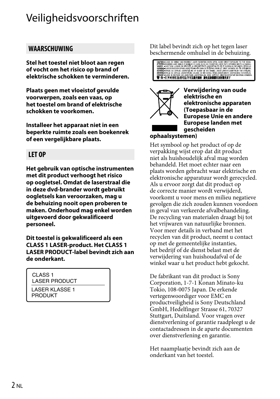 Veiligheidsvoorschriften, Waarschuwing, Let op | Sony VRD-P1 User Manual | Page 104 / 120