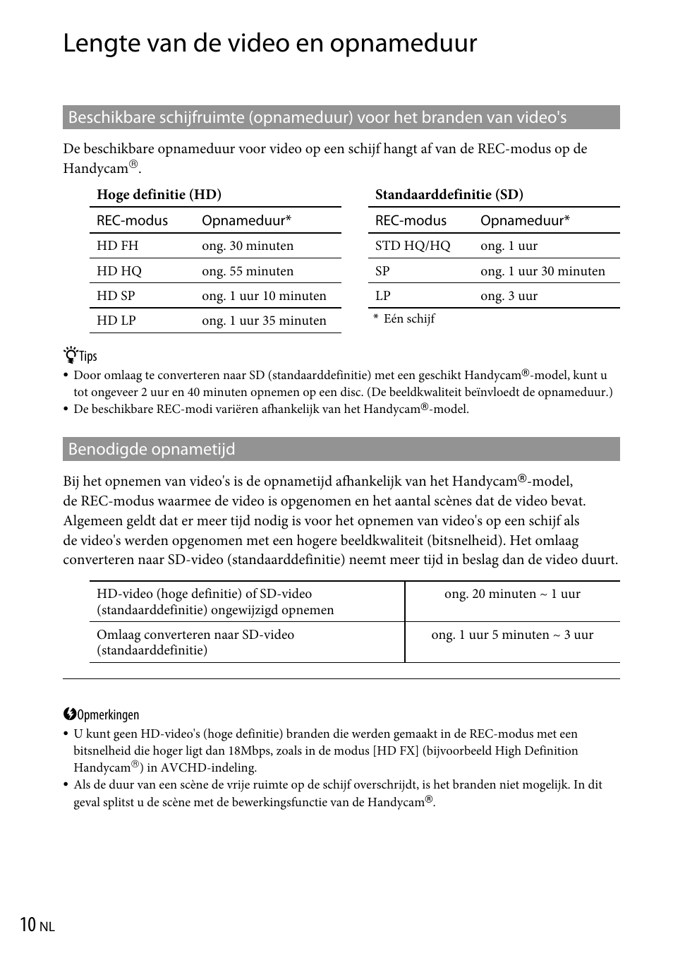 Lengte van de video en opnameduur, Benodigde opnametijd | Sony VRD-P1 User Manual | Page 112 / 120