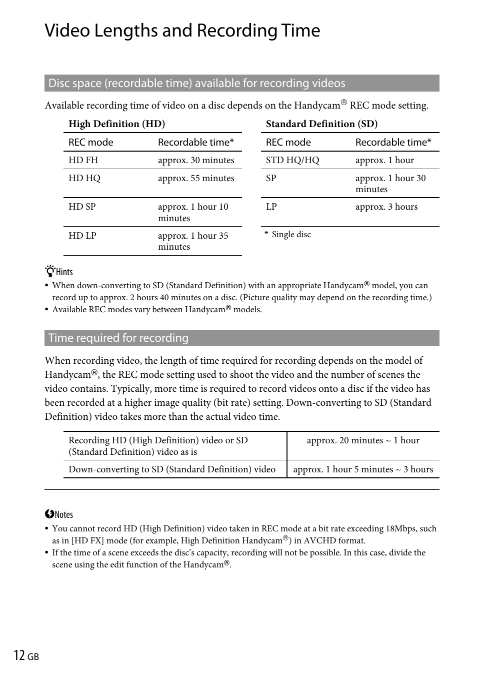 Video lengths and recording time, Time required for recording | Sony VRD-P1 User Manual | Page 12 / 120