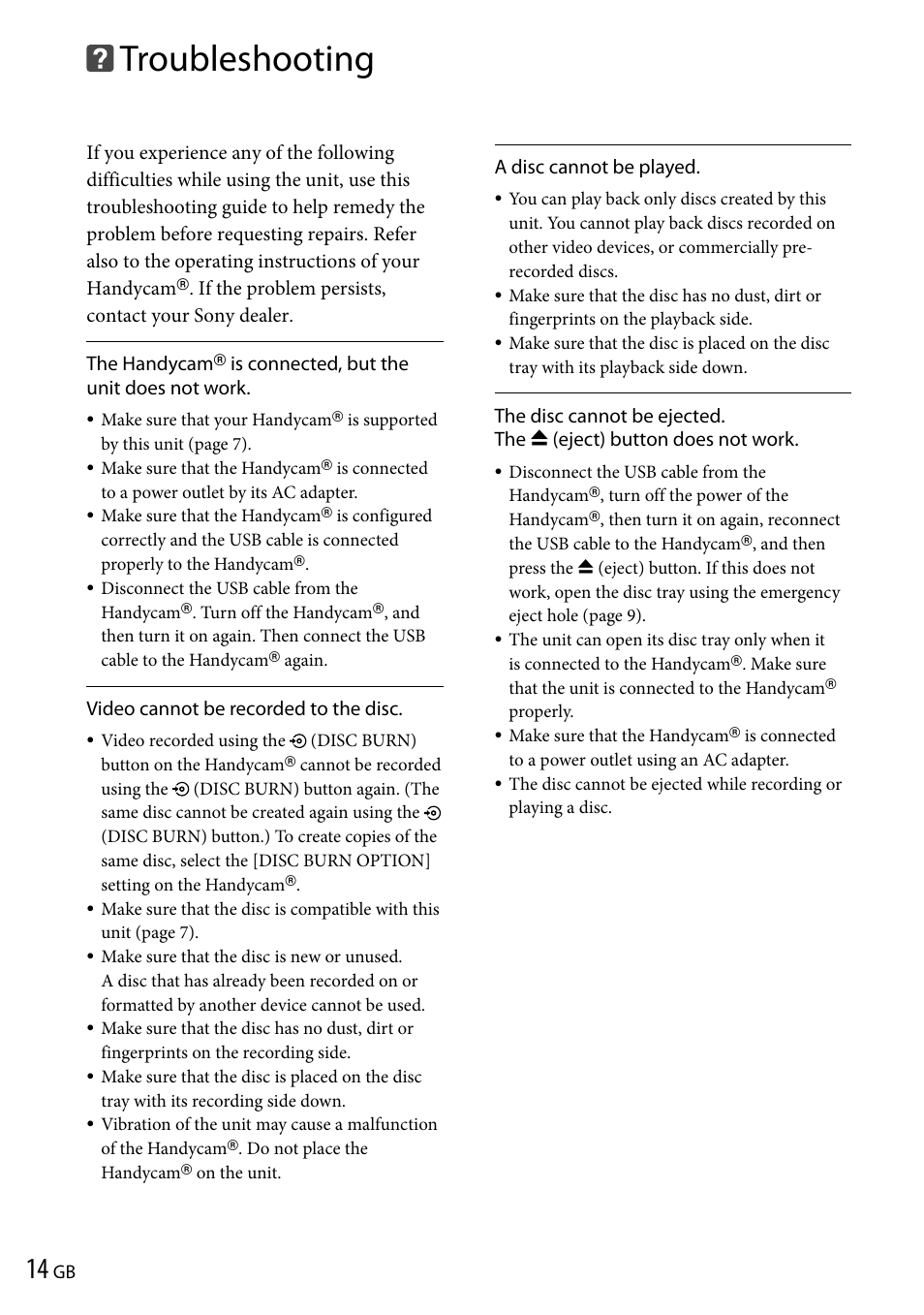 Troubleshooting, Is connected, but the unit does not work, Video cannot be recorded to the disc | A disc cannot be played | Sony VRD-P1 User Manual | Page 14 / 120