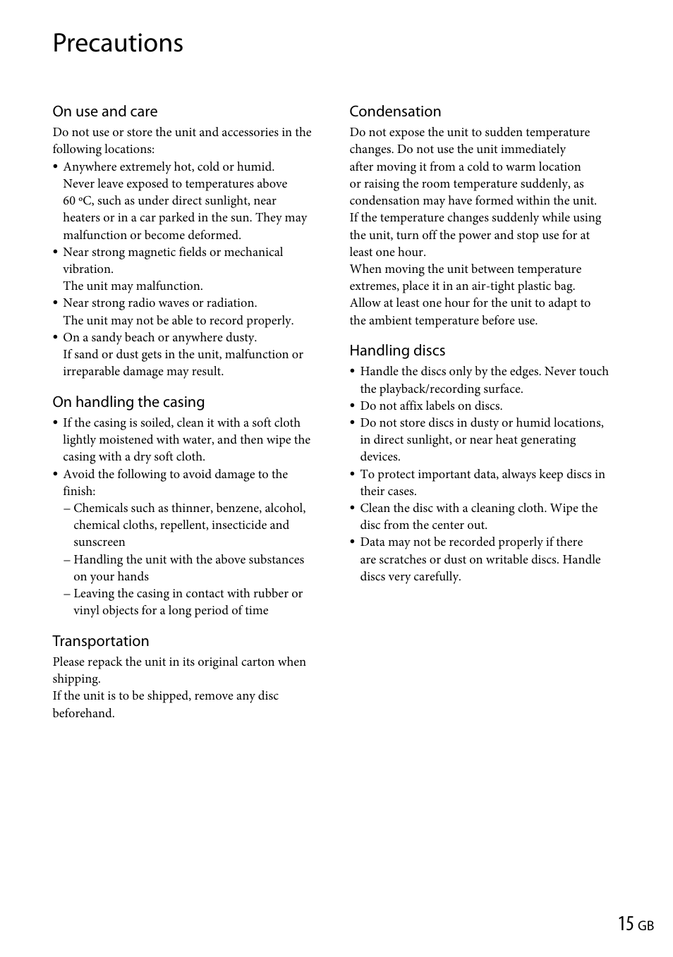 Precautions, On use and care, On handling the casing | Transportation, Condensation, Handling discs | Sony VRD-P1 User Manual | Page 15 / 120