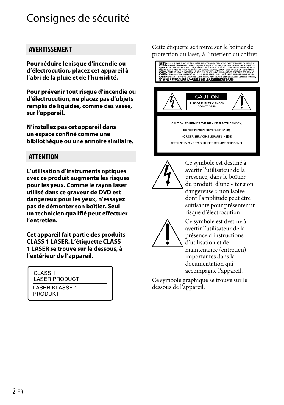 Consignes de sécurité, Avertissement, Attention | Sony VRD-P1 User Manual | Page 18 / 120