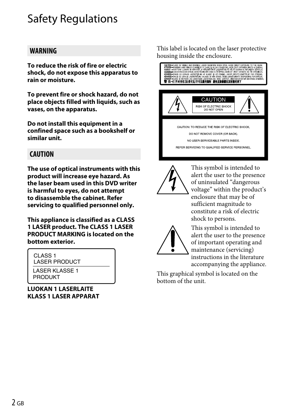 Safety regulations, Warning, Caution | Sony VRD-P1 User Manual | Page 2 / 120