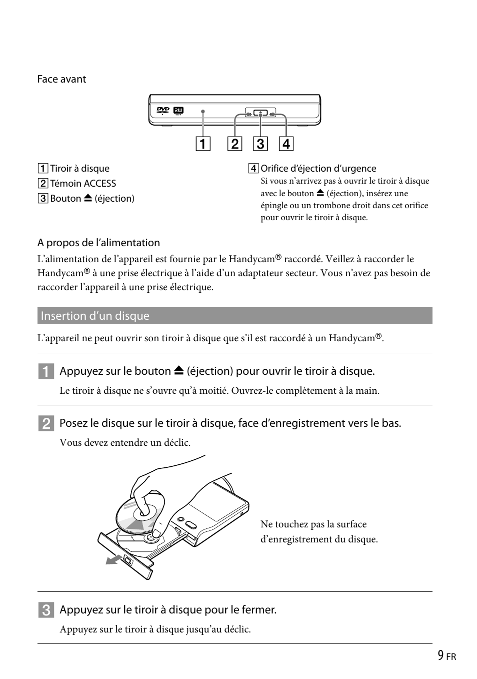 Insertion d’un disque | Sony VRD-P1 User Manual | Page 25 / 120