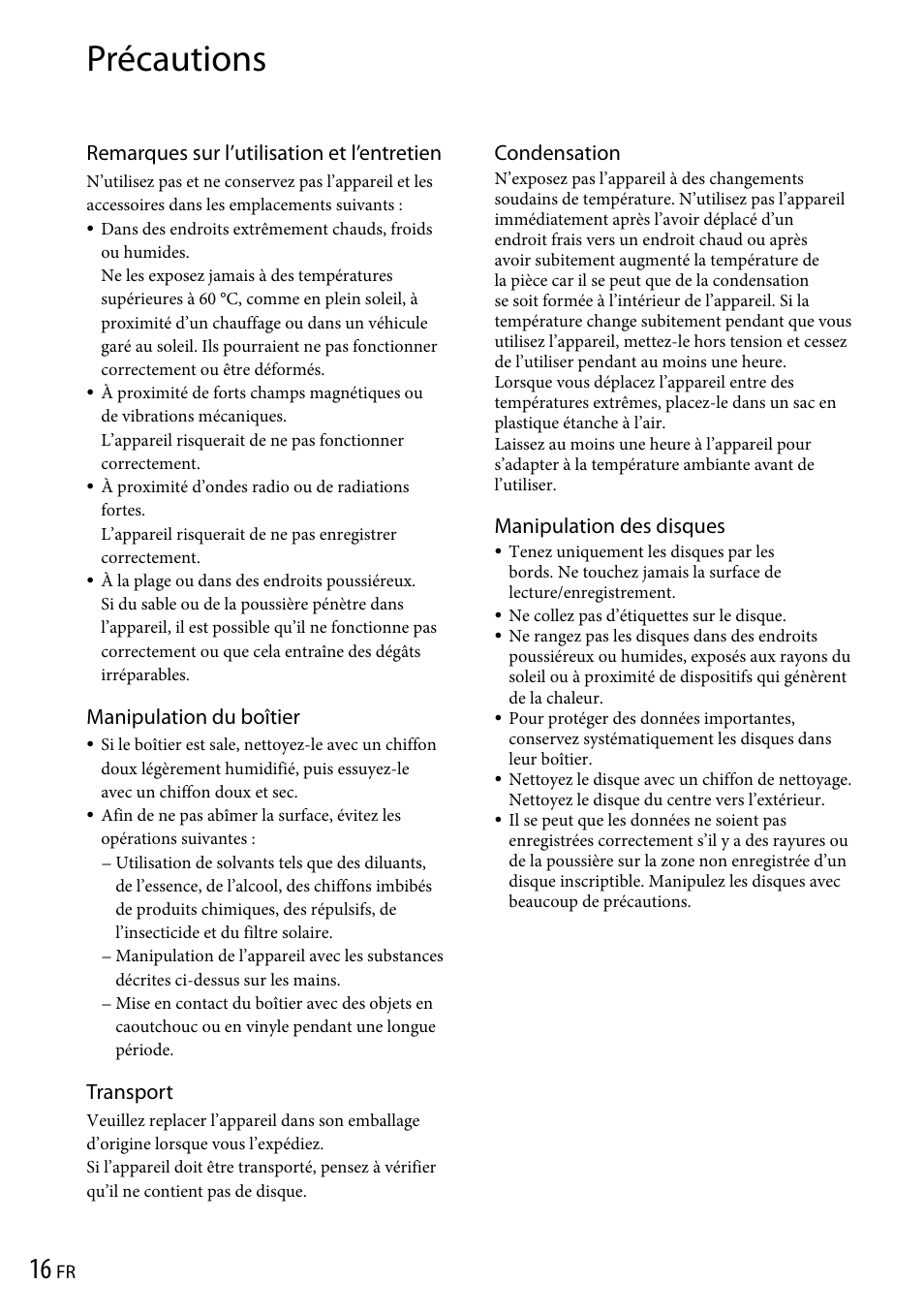 Précautions, Remarques sur l’utilisation et l’entretien, Manipulation du boîtier | Transport, Condensation, Manipulation des disques | Sony VRD-P1 User Manual | Page 32 / 120