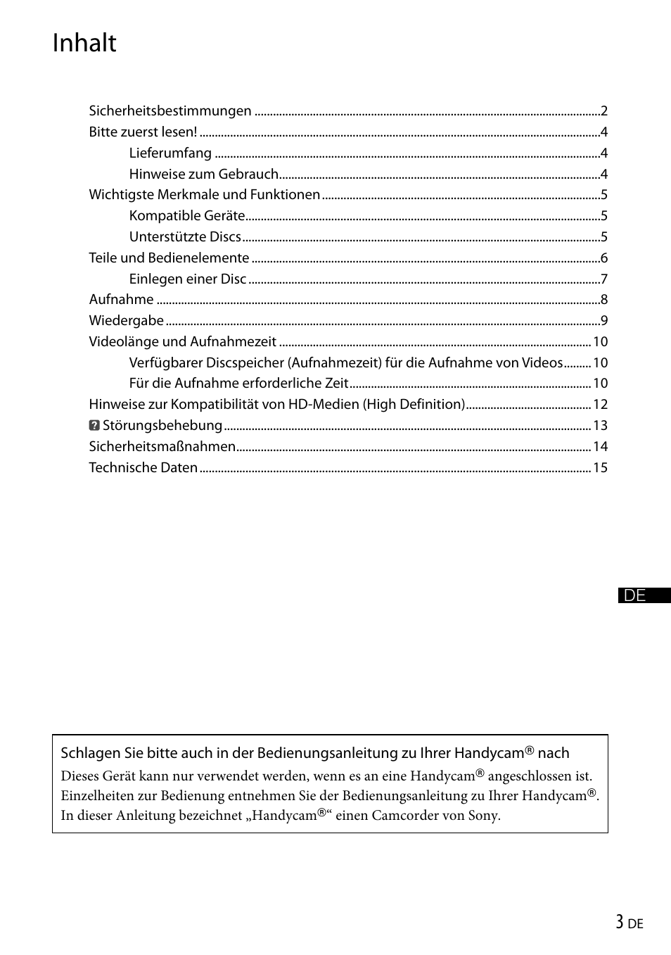 Inhalt | Sony VRD-P1 User Manual | Page 35 / 120