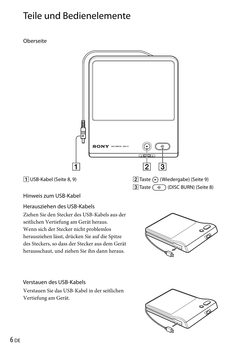 Teile und bedienelemente | Sony VRD-P1 User Manual | Page 38 / 120