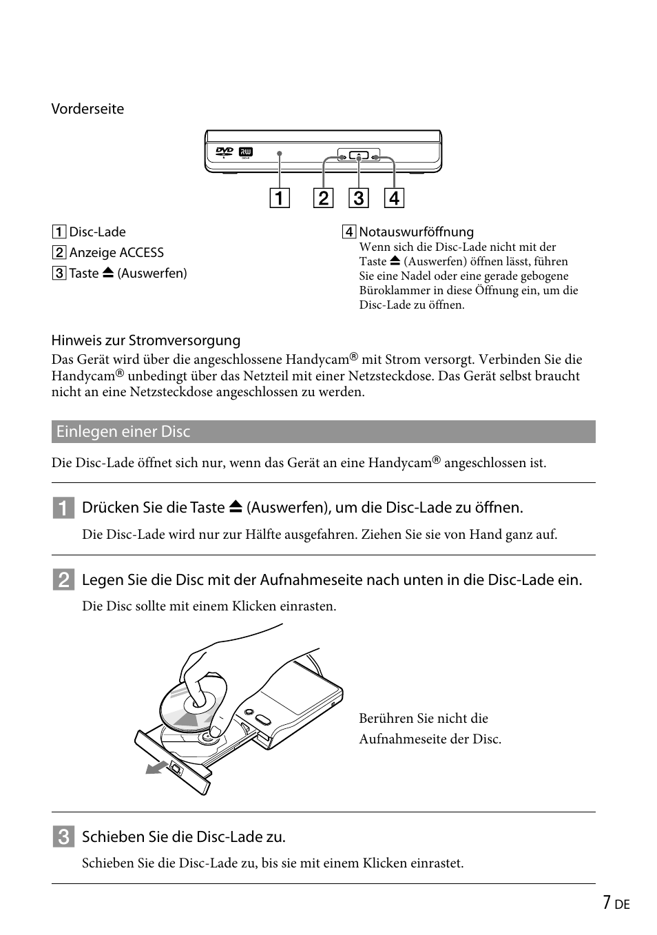 Einlegen einer disc | Sony VRD-P1 User Manual | Page 39 / 120