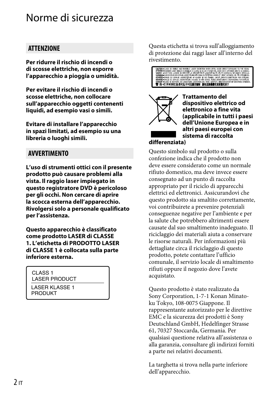 Norme di sicurezza, Attenzione, Avvertimento | Sony VRD-P1 User Manual | Page 48 / 120