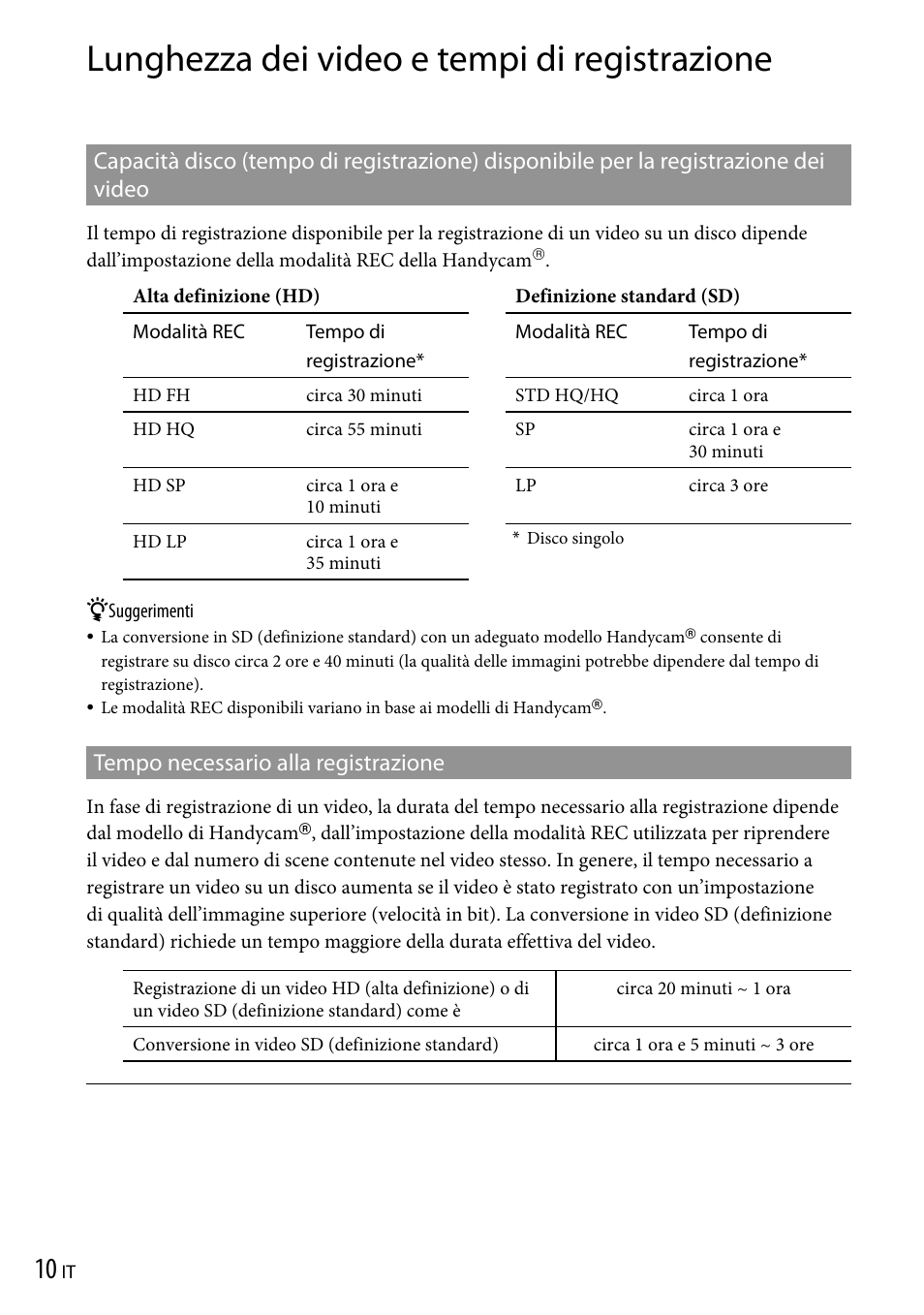 Lunghezza dei video e tempi di registrazione, Tempo necessario alla registrazione, Video tempo necessario alla registrazione | Sony VRD-P1 User Manual | Page 56 / 120