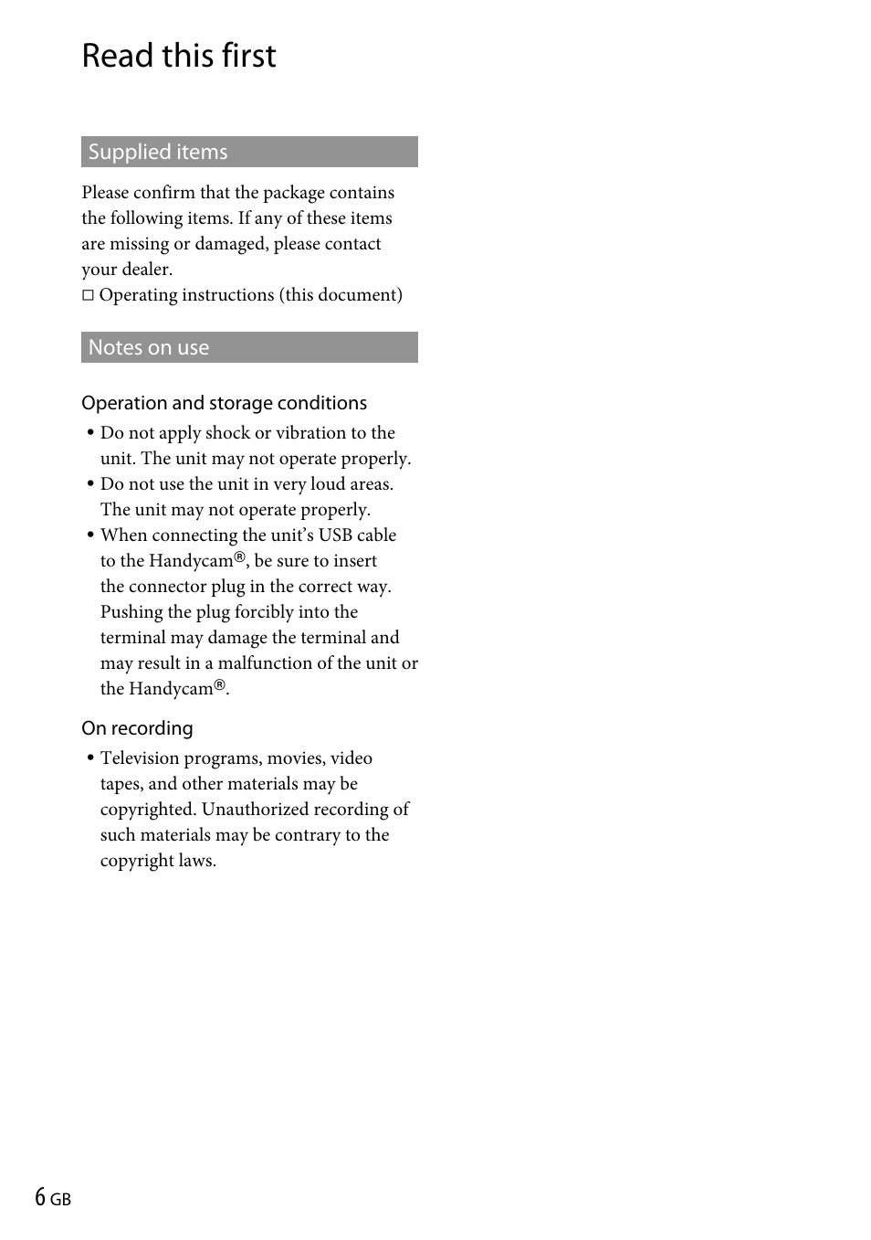 Read this first, Supplied items, Notes on use | Supplied items notes on use | Sony VRD-P1 User Manual | Page 6 / 120