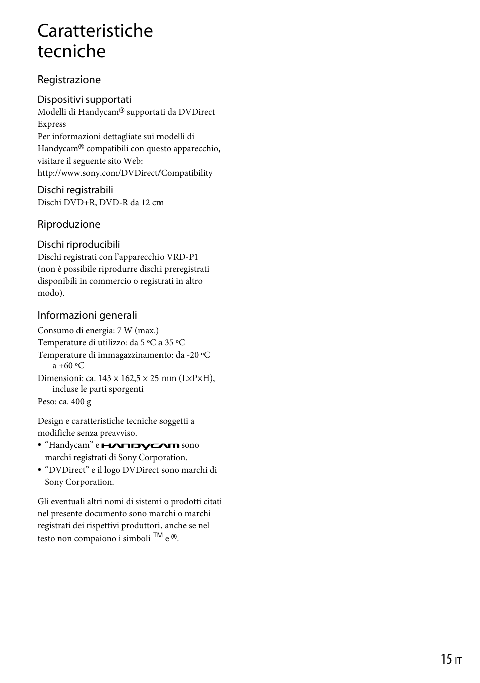 Caratteristiche tecniche | Sony VRD-P1 User Manual | Page 61 / 120