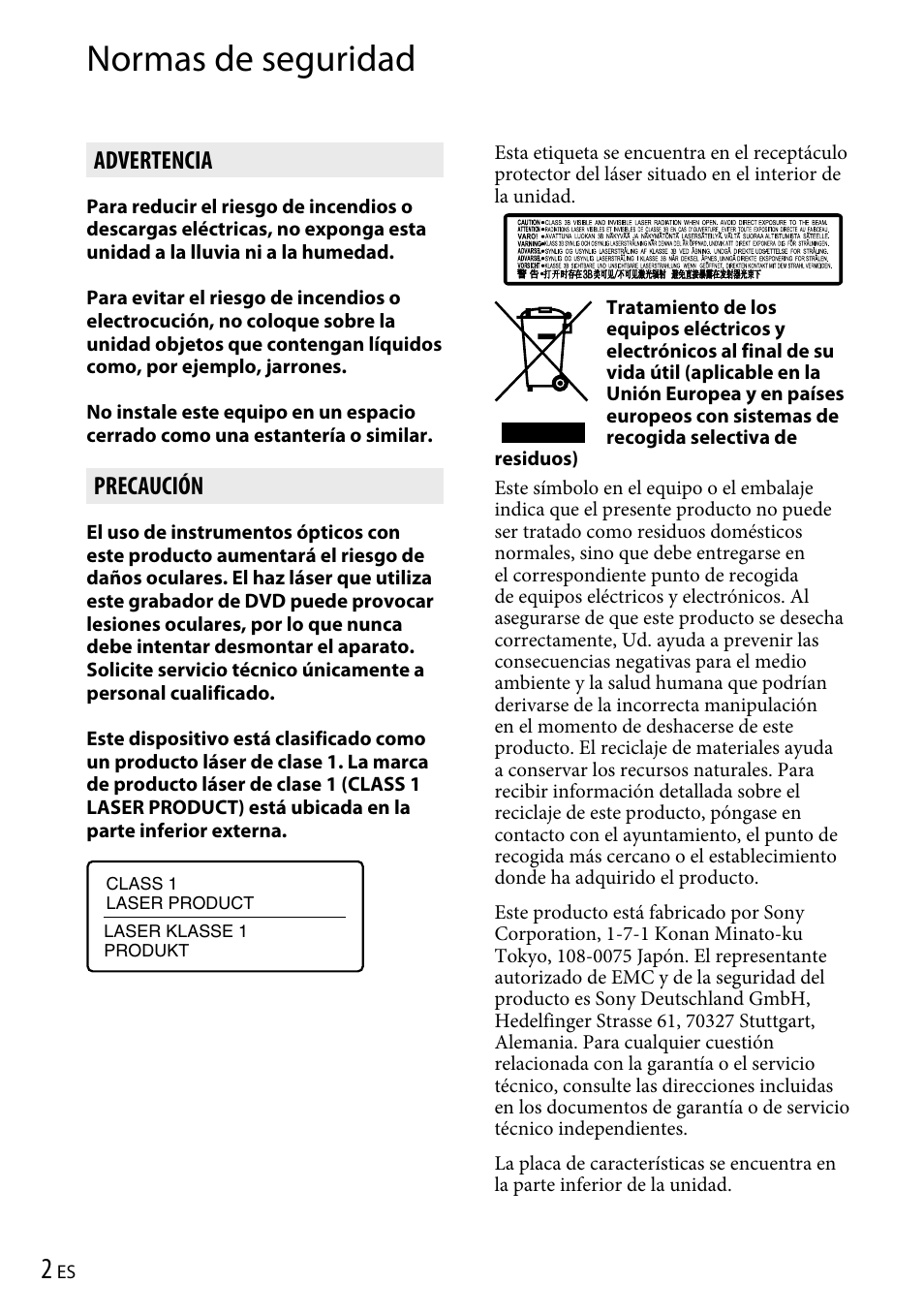 Normas de seguridad, Advertencia, Precaución | Sony VRD-P1 User Manual | Page 62 / 120