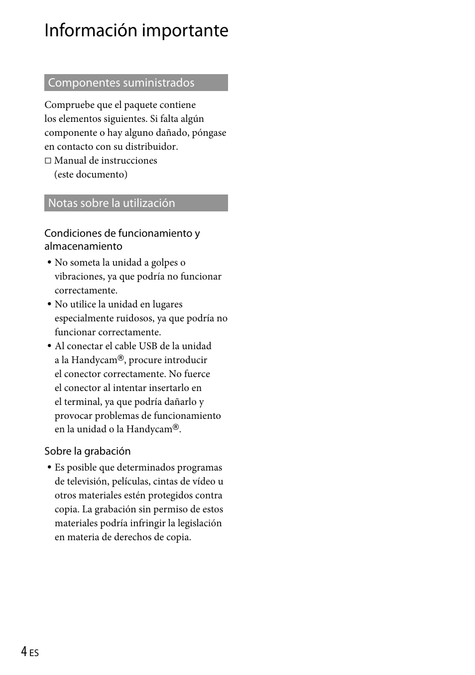 Información importante, Componentes suministrados, Notas sobre la utilización | Sony VRD-P1 User Manual | Page 64 / 120