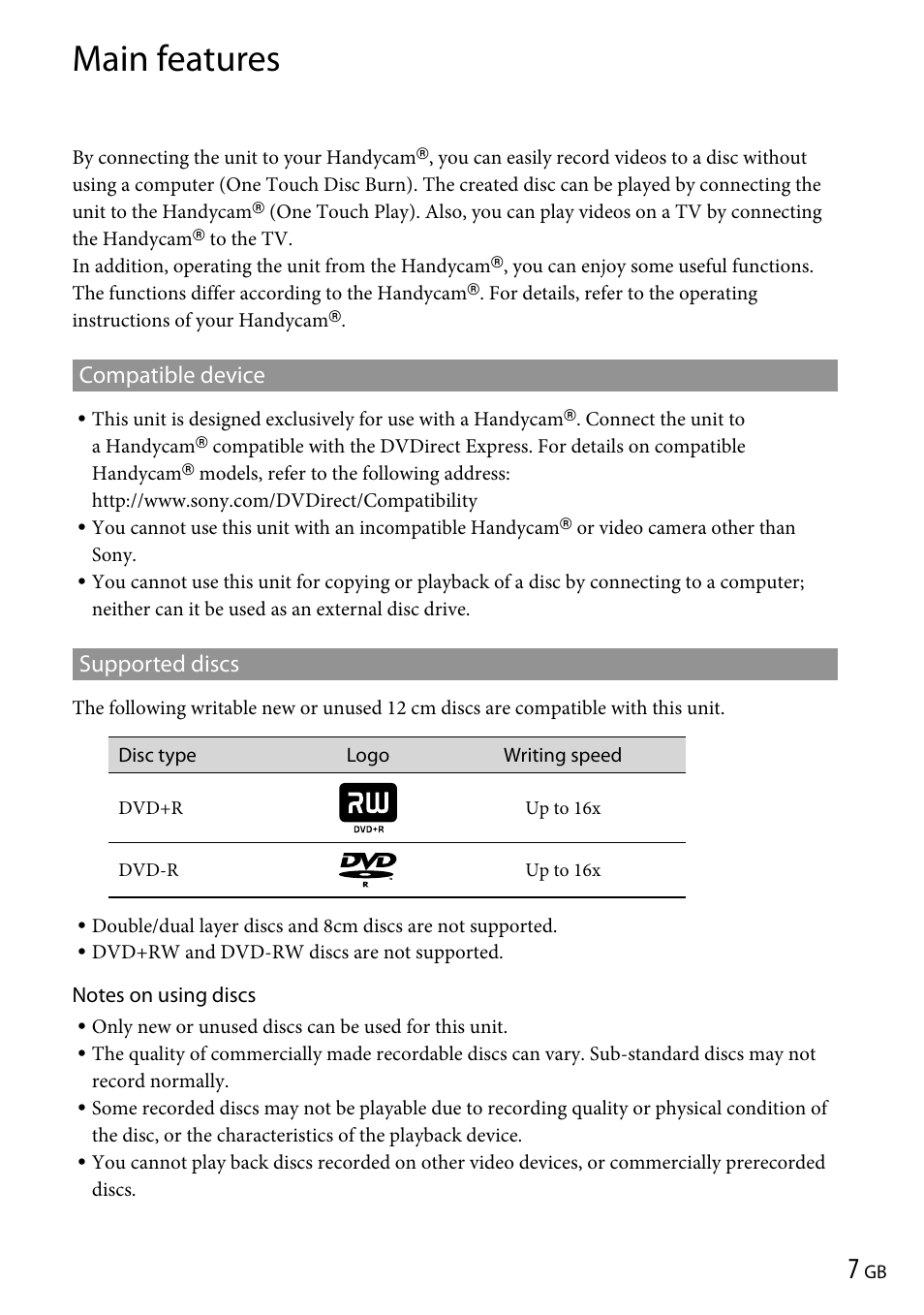 Main features, Compatible device, Supported discs | Compatible device supported discs | Sony VRD-P1 User Manual | Page 7 / 120