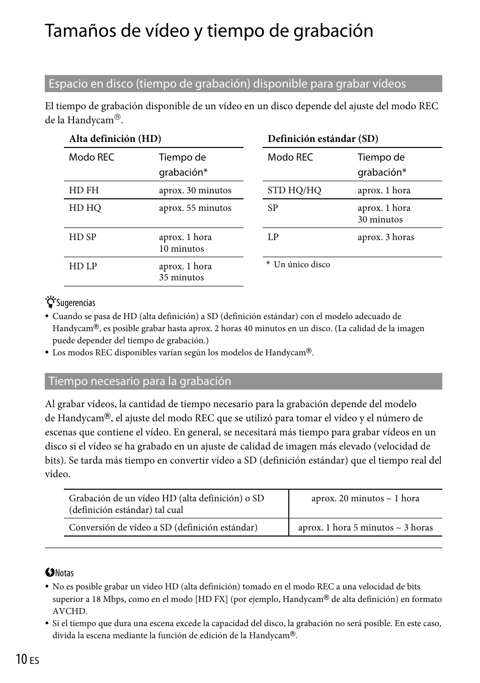 Tamaños de vídeo y tiempo de grabación, Tiempo necesario para la grabación | Sony VRD-P1 User Manual | Page 70 / 120