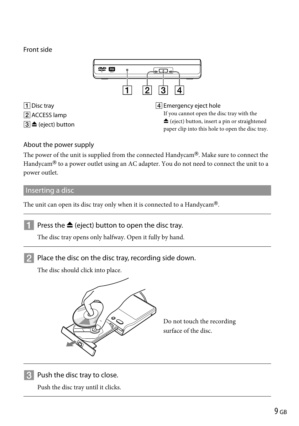 Inserting a disc | Sony VRD-P1 User Manual | Page 9 / 120