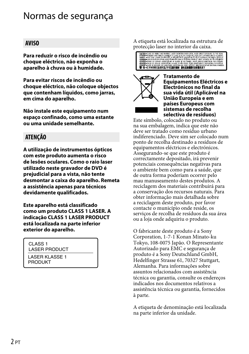 Normas de segurança, Aviso, Atenção | Sony VRD-P1 User Manual | Page 90 / 120