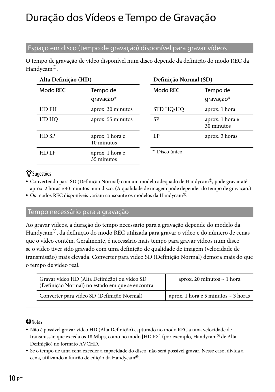 Duração dos vídeos e tempo de gravação, Tempo necessário para a gravação | Sony VRD-P1 User Manual | Page 98 / 120