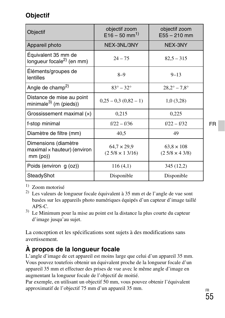 Objectif, À propos de la longueur focale | Sony NEX-3NY User Manual | Page 107 / 547