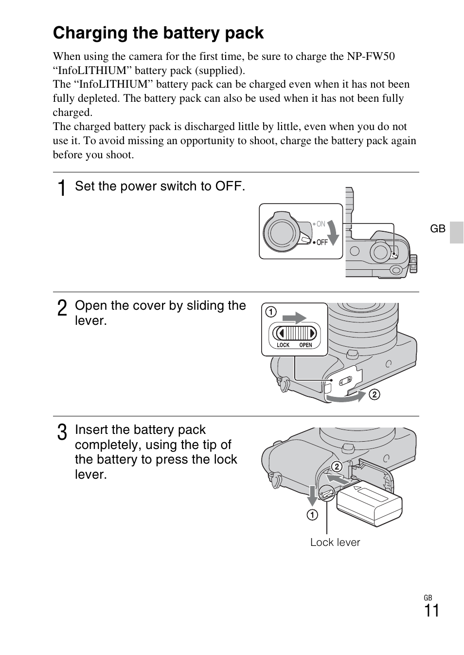 Charging the battery pack | Sony NEX-3NY User Manual | Page 11 / 547