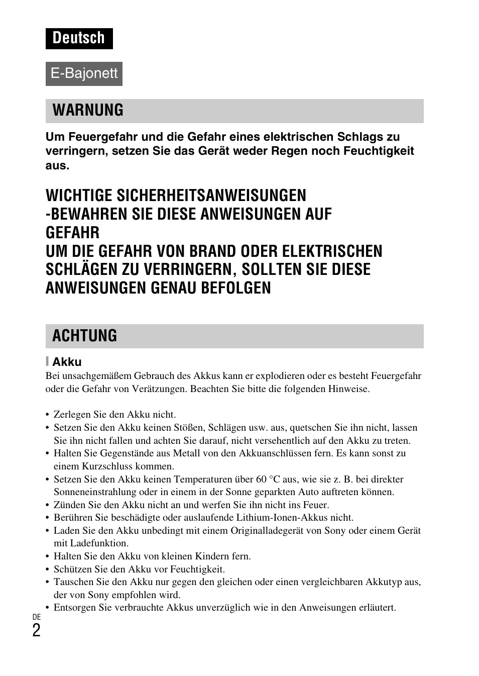 Deutsch, Warnung achtung, E-bajonett | Sony NEX-3NY User Manual | Page 110 / 547