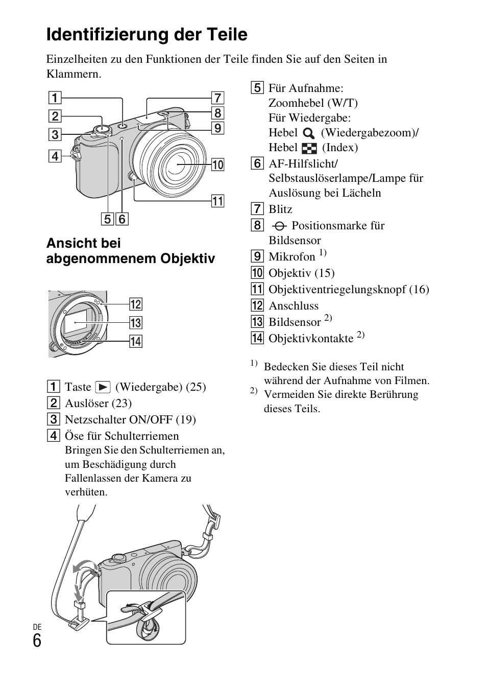 Identifizierung der teile, 6identifizierung der teile, Ansicht bei abgenommenem objektiv | Sony NEX-3NY User Manual | Page 114 / 547