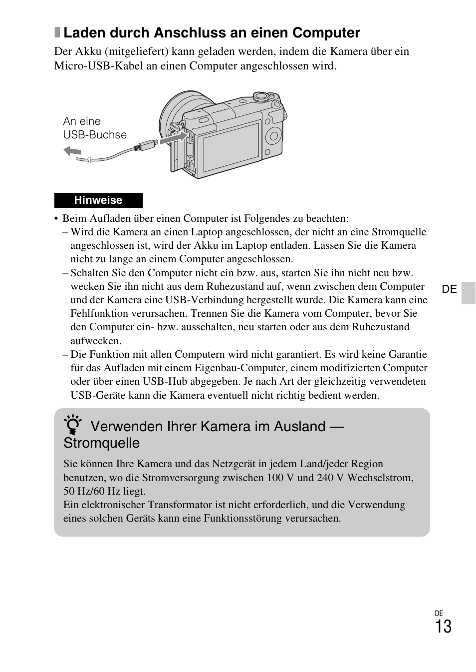 Xladen durch anschluss an einen computer, Verwenden ihrer kamera im ausland — stromquelle | Sony NEX-3NY User Manual | Page 121 / 547