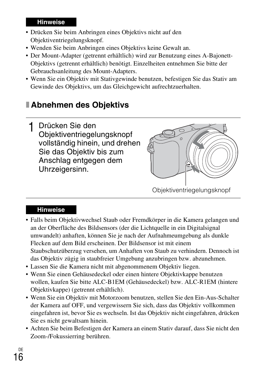 Xabnehmen des objektivs | Sony NEX-3NY User Manual | Page 124 / 547