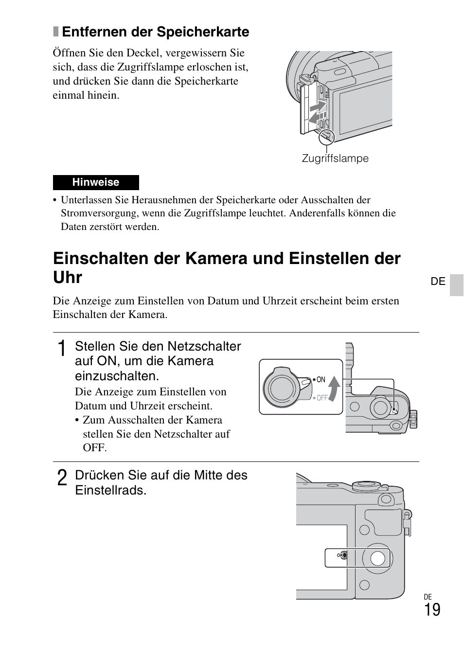 Einschalten der kamera und einstellen der uhr | Sony NEX-3NY User Manual | Page 127 / 547