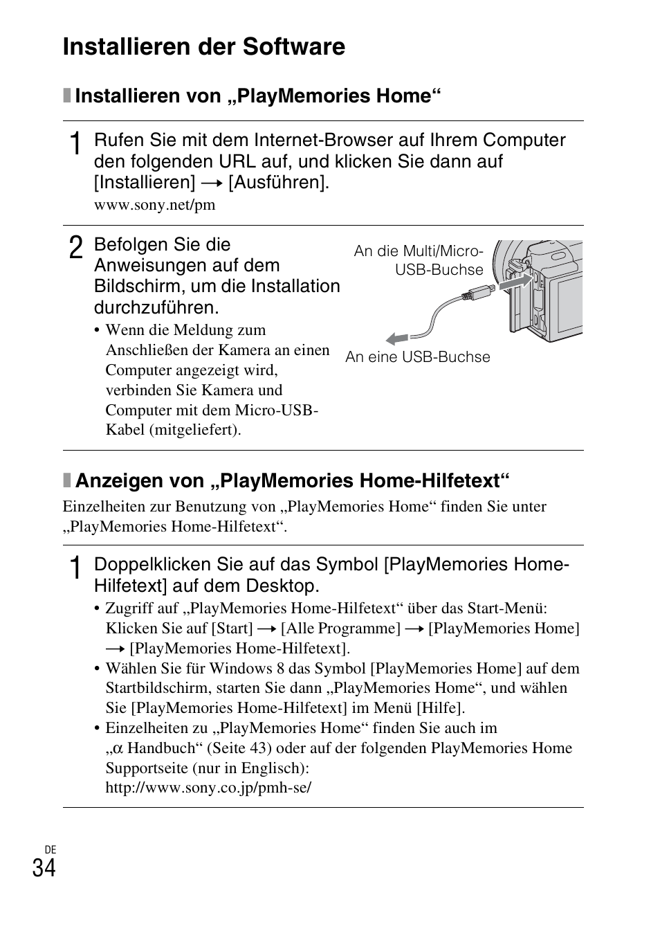 Installieren der software, 34 installieren der software | Sony NEX-3NY User Manual | Page 142 / 547