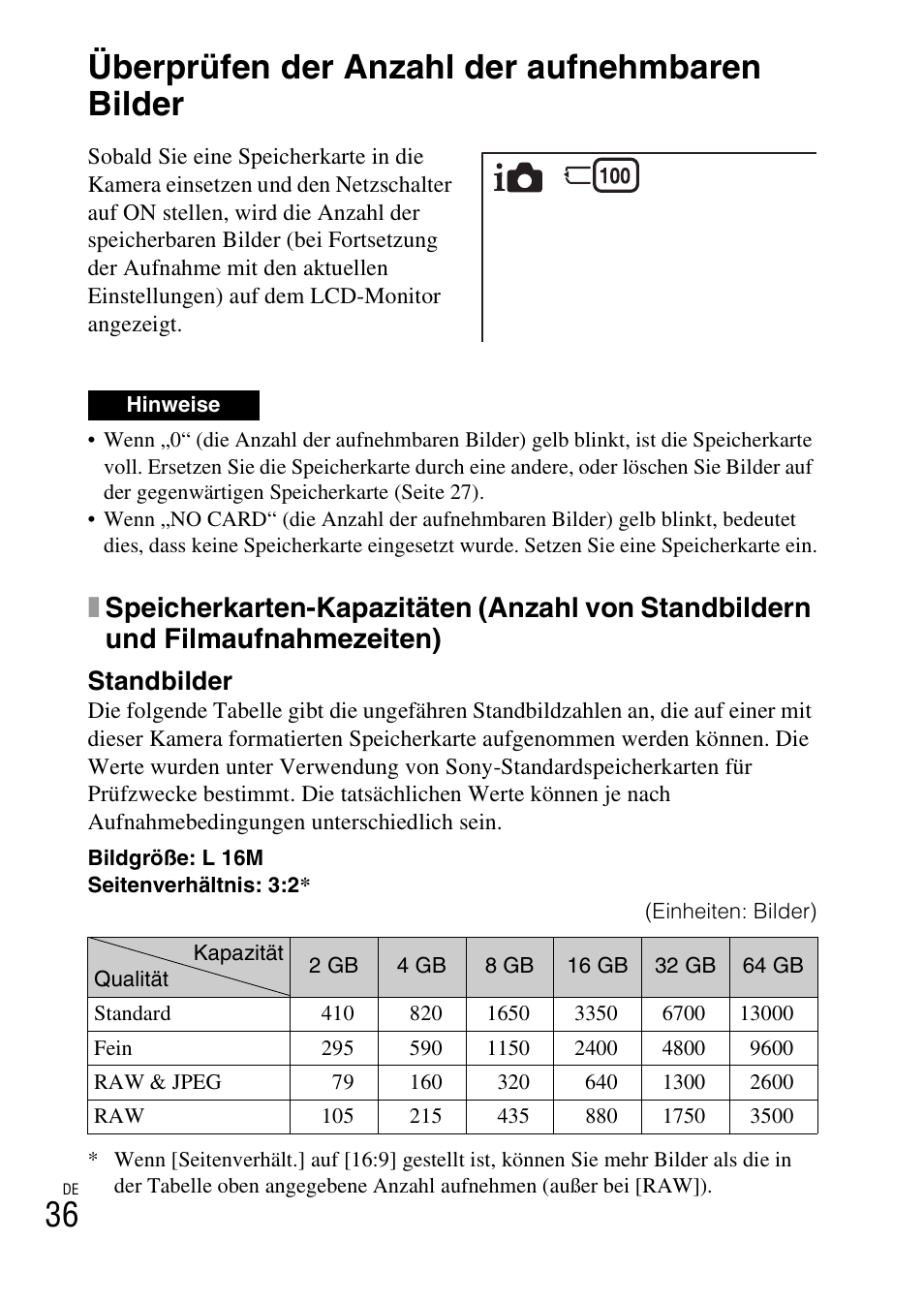 Sonstiges, Überprüfen der anzahl der aufnehmbaren bilder, Standbilder | Sony NEX-3NY User Manual | Page 144 / 547