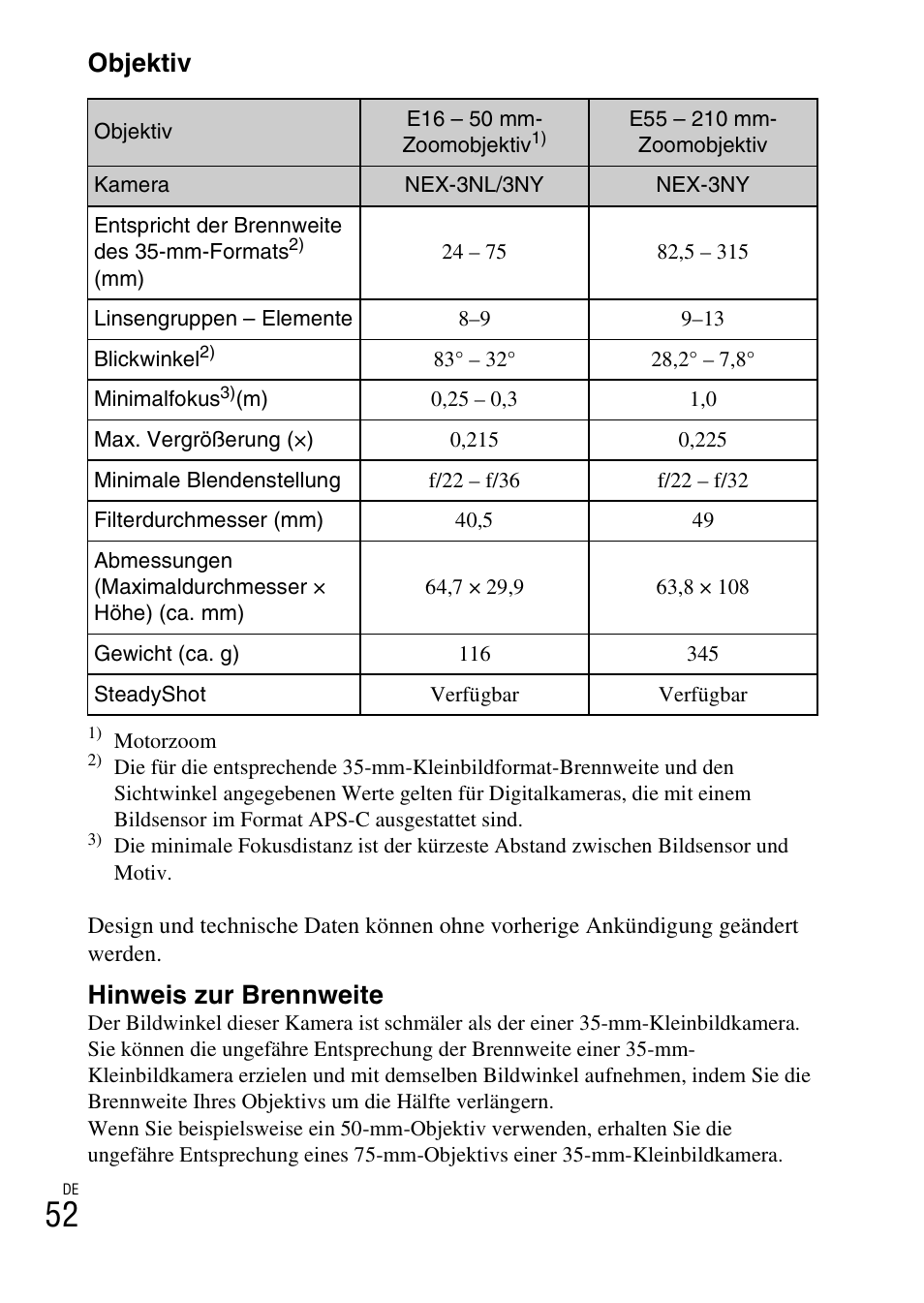 Objektiv, Hinweis zur brennweite | Sony NEX-3NY User Manual | Page 160 / 547