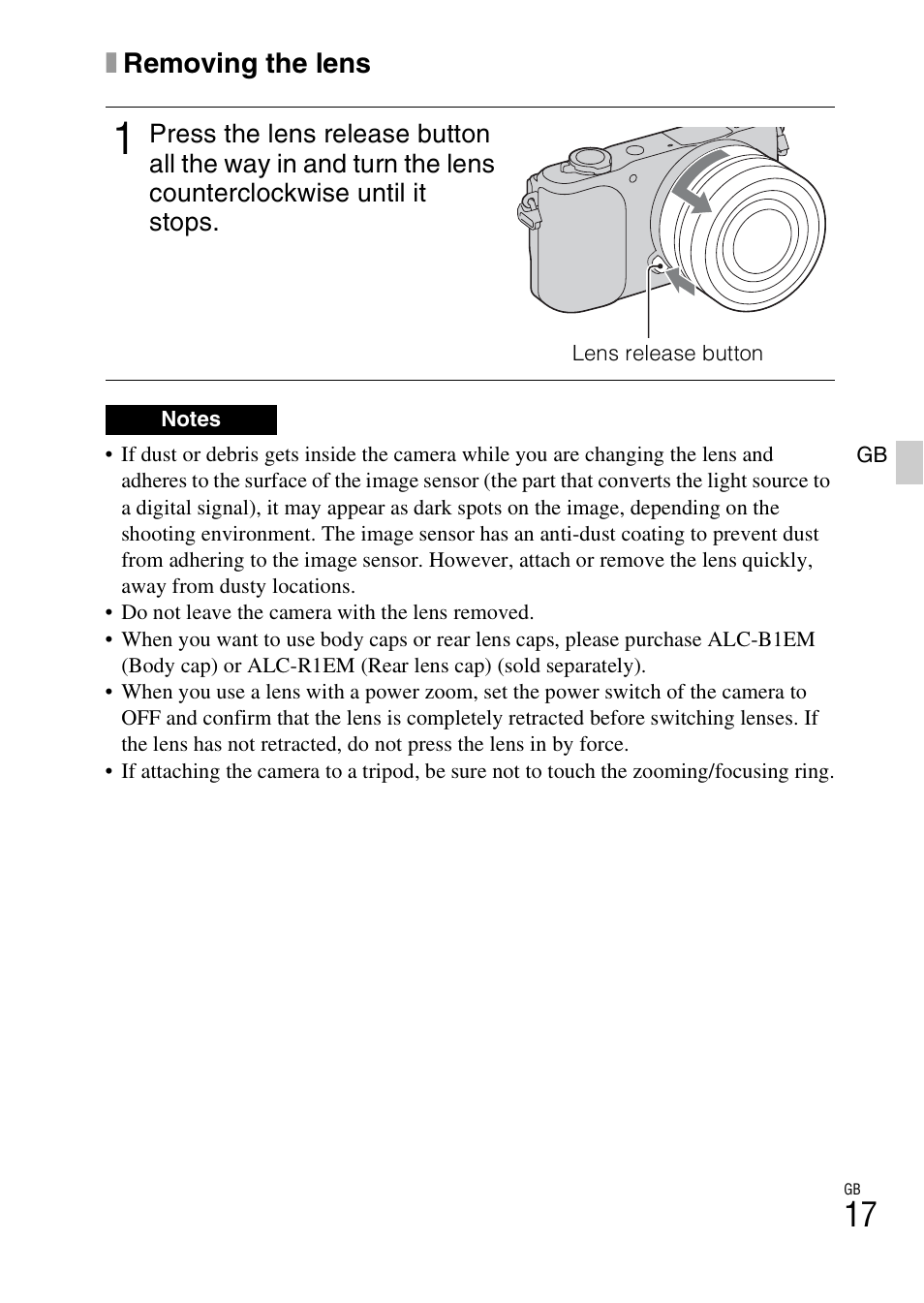 Ton (17), Xremoving the lens | Sony NEX-3NY User Manual | Page 17 / 547