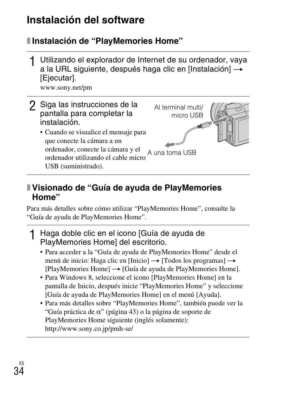 Instalación del software, 34 instalación del software | Sony NEX-3NY User Manual | Page 196 / 547