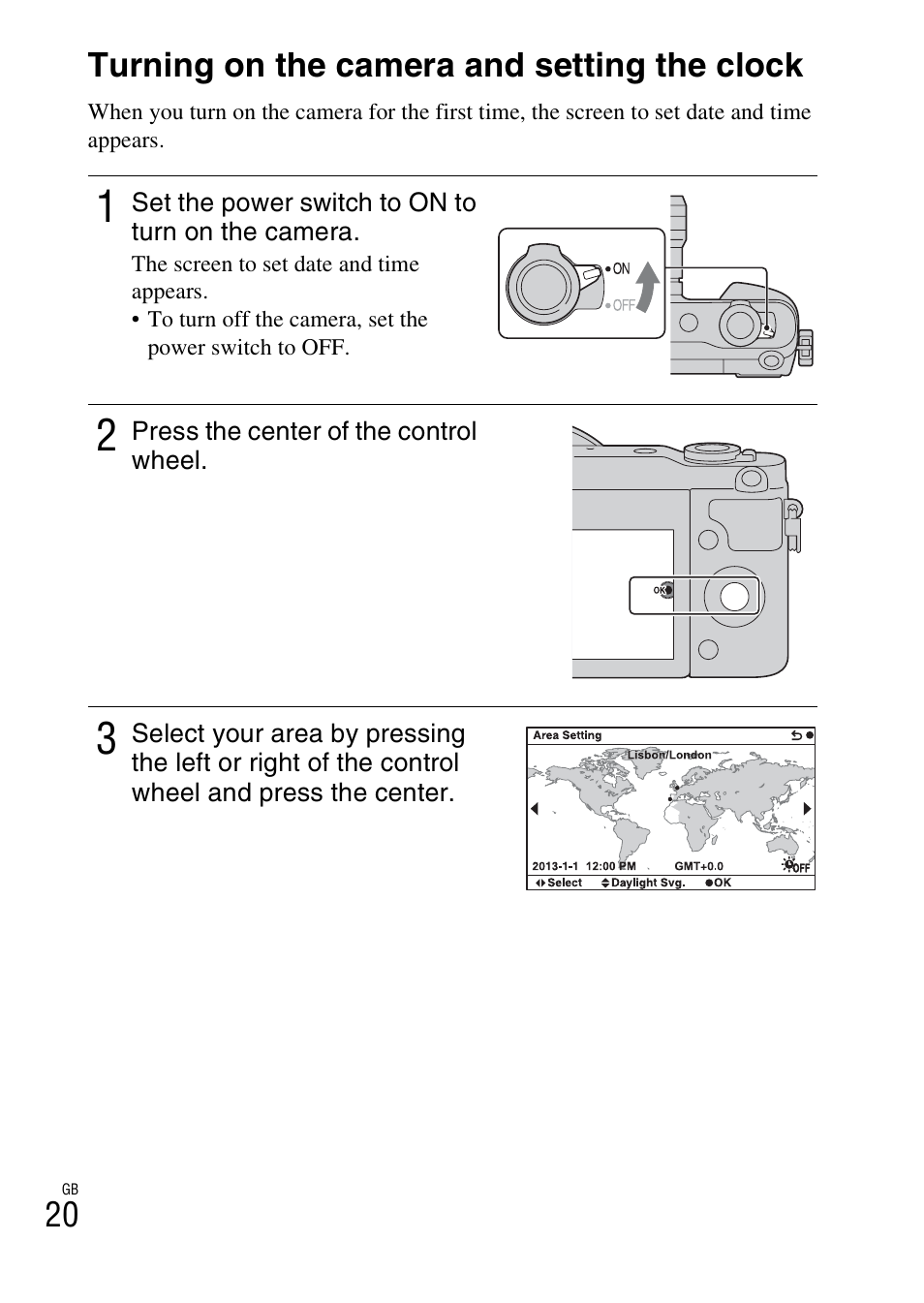 Turning on the camera and setting the clock, 20 turning on the camera and setting the clock | Sony NEX-3NY User Manual | Page 20 / 547