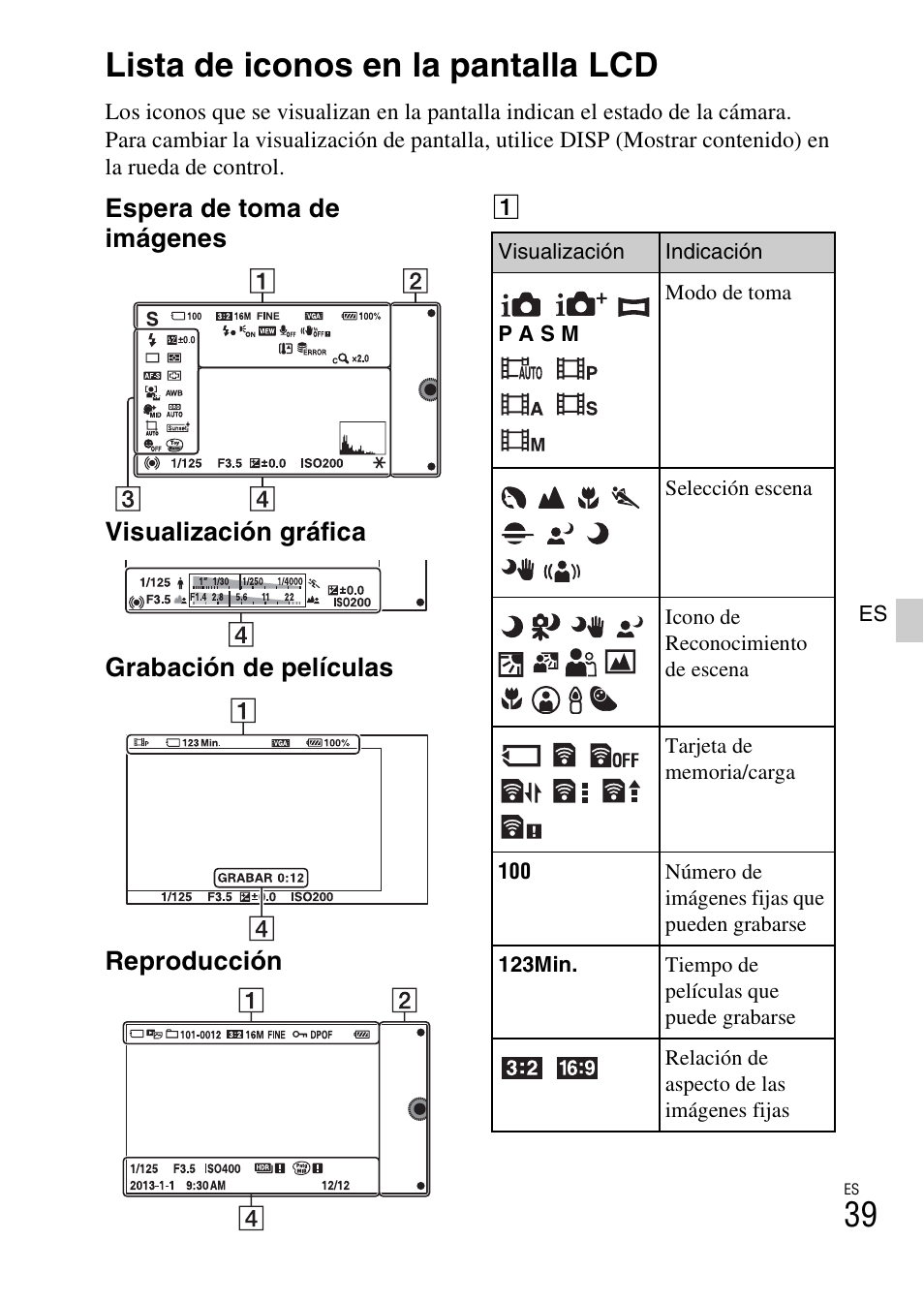 Lista de iconos en la pantalla lcd | Sony NEX-3NY User Manual | Page 201 / 547