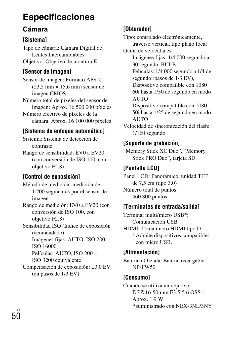 Especificaciones, 50 especificaciones, Cámara | Sony NEX-3NY User Manual | Page 212 / 547