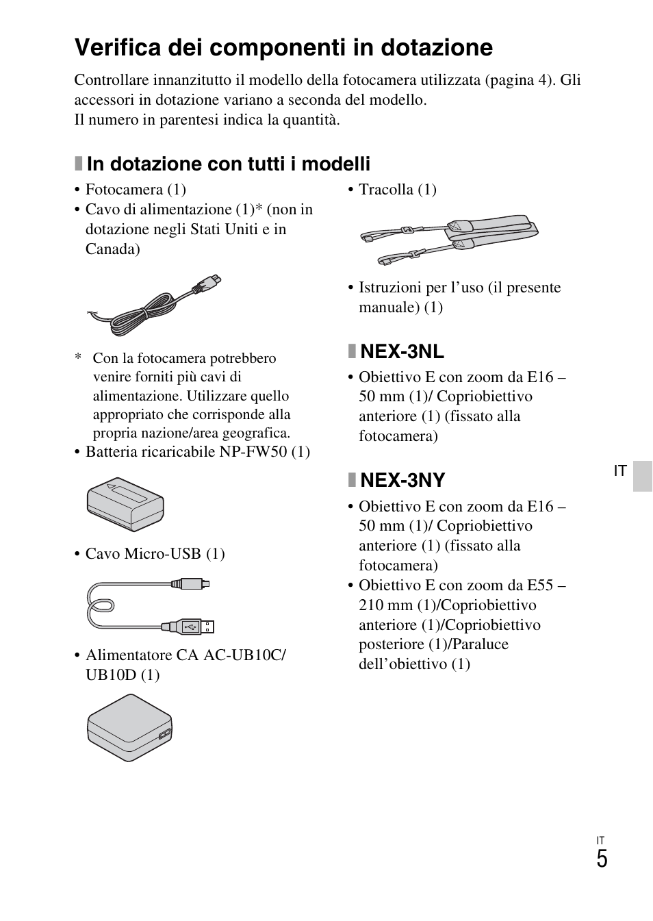 Preparazione della fotocamera, Verifica dei componenti in dotazione, Xin dotazione con tutti i modelli | Xnex-3nl, Xnex-3ny | Sony NEX-3NY User Manual | Page 221 / 547