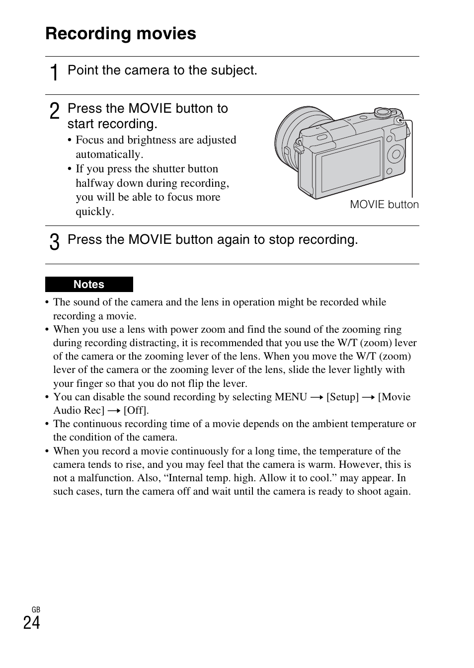 Recording movies, 24 recording movies | Sony NEX-3NY User Manual | Page 24 / 547