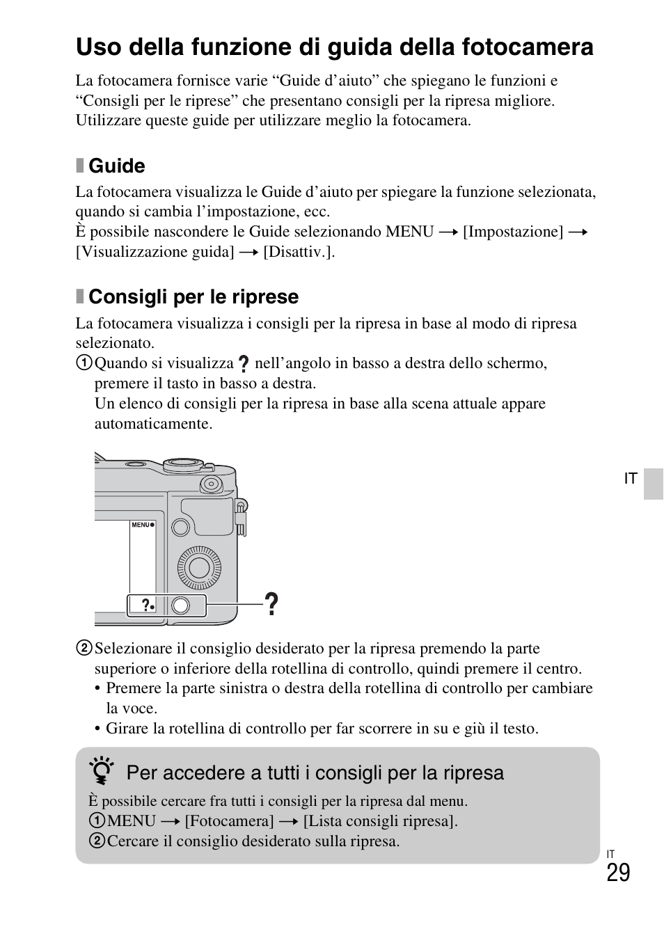 Uso della funzione di guida della fotocamera | Sony NEX-3NY User Manual | Page 245 / 547