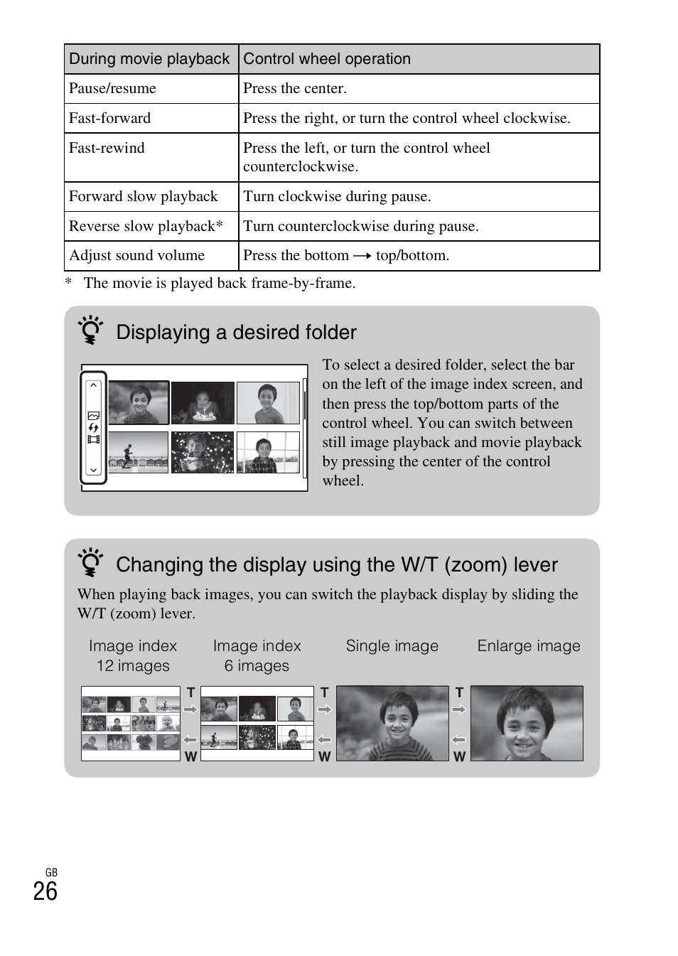Displaying a desired folder, Changing the display using the w/t (zoom) lever | Sony NEX-3NY User Manual | Page 26 / 547