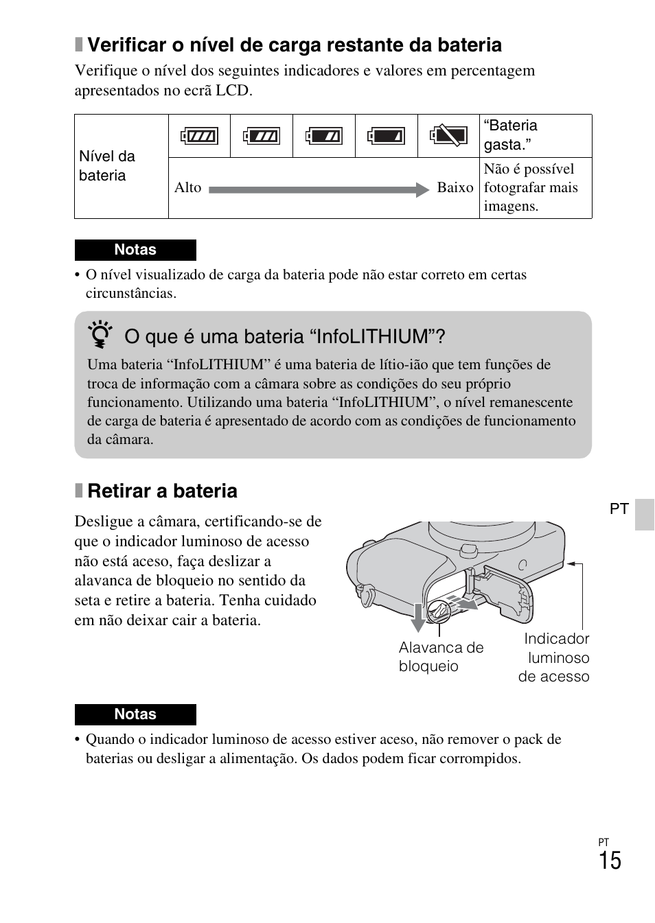 Xverificar o nível de carga restante da bateria, Xretirar a bateria, O que é uma bateria “infolithium | Sony NEX-3NY User Manual | Page 283 / 547