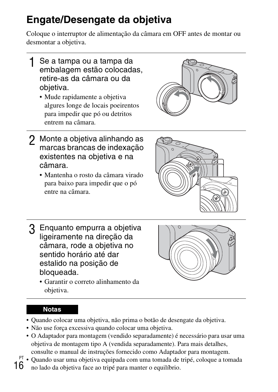 Engate/desengate da objetiva, 16 engate/desengate da objetiva | Sony NEX-3NY User Manual | Page 284 / 547