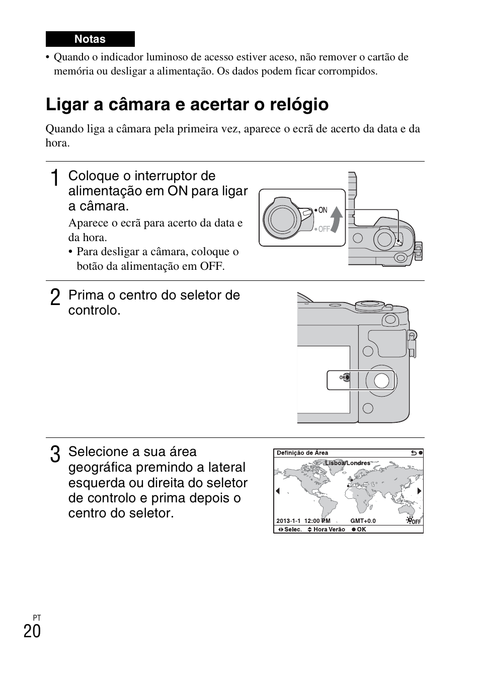 Ligar a câmara e acertar o relógio | Sony NEX-3NY User Manual | Page 288 / 547