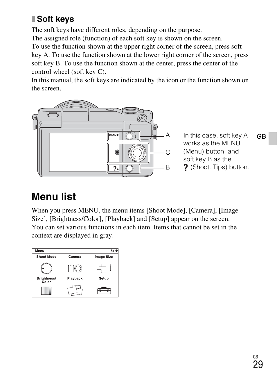 Menu list, Xsoft keys | Sony NEX-3NY User Manual | Page 29 / 547