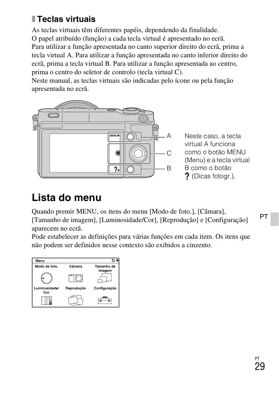 Lista do menu, A (29), Xteclas virtuais | Sony NEX-3NY User Manual | Page 297 / 547