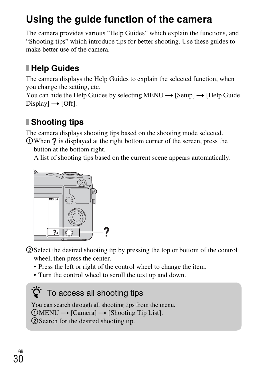 Using the guide function of the camera, 30 using the guide function of the camera | Sony NEX-3NY User Manual | Page 30 / 547